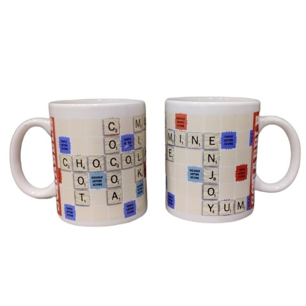 2x Scrabble Letter Board Coffee Mug Tea Cup 12oz 2014 Hasbro Lot of 2 Mugs